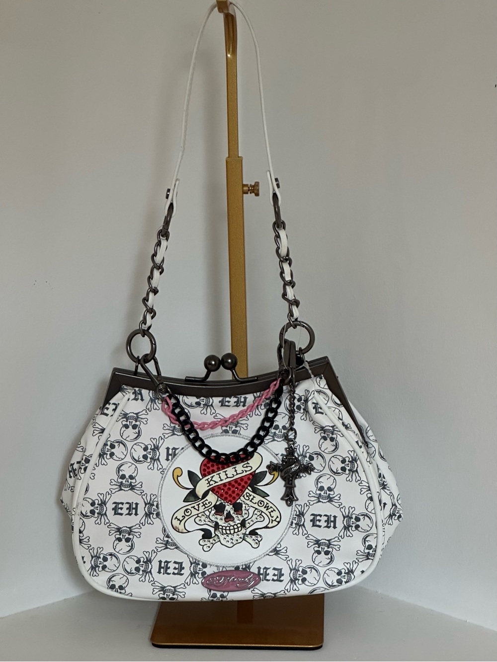 Ed Hardy Goth Y2K White Skull Heart Tattoo Kiss Lock Purse Bling Cross Charm